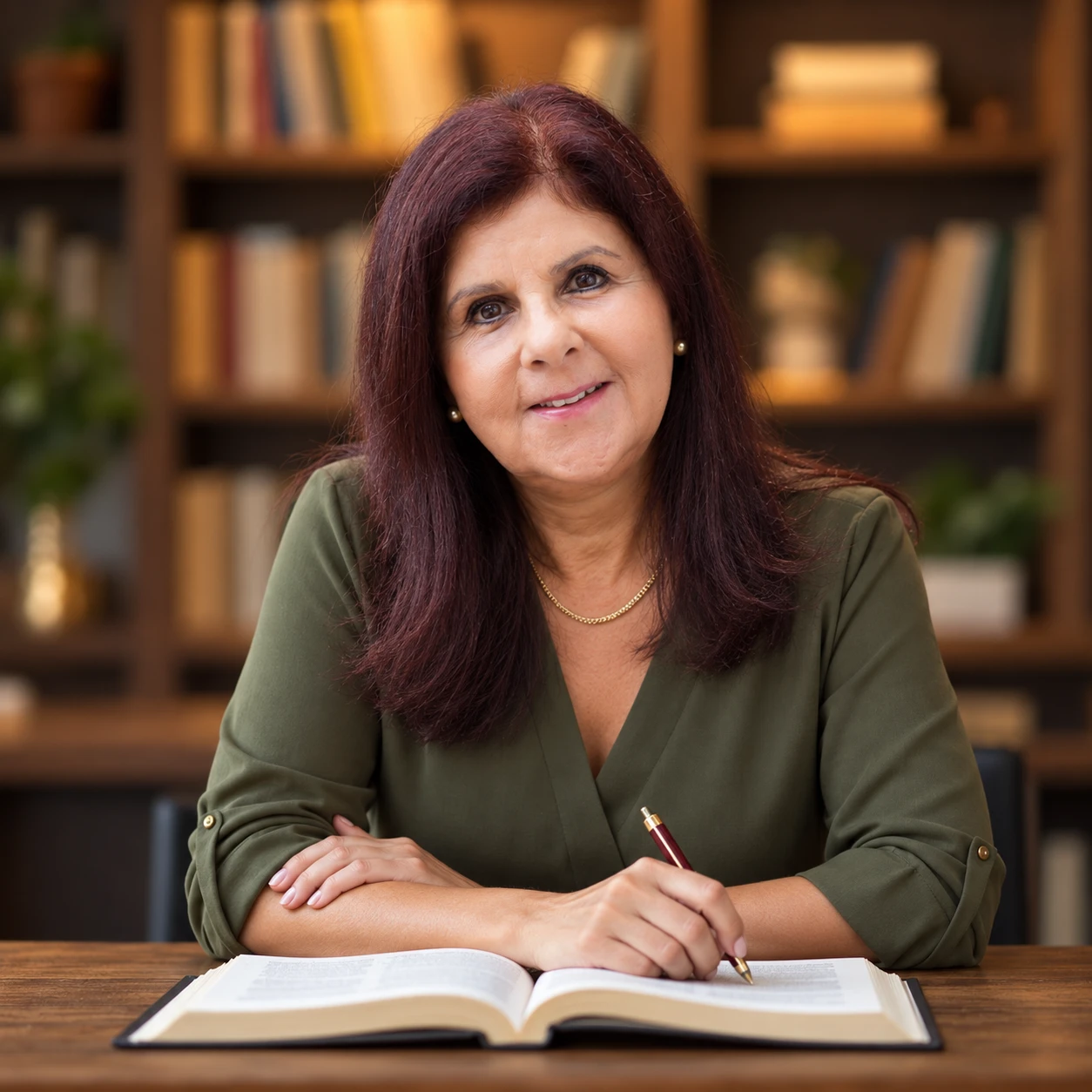Carmen S. Reinstein sentada a uma mesa, com um livro aberto e uma caneta na mão.