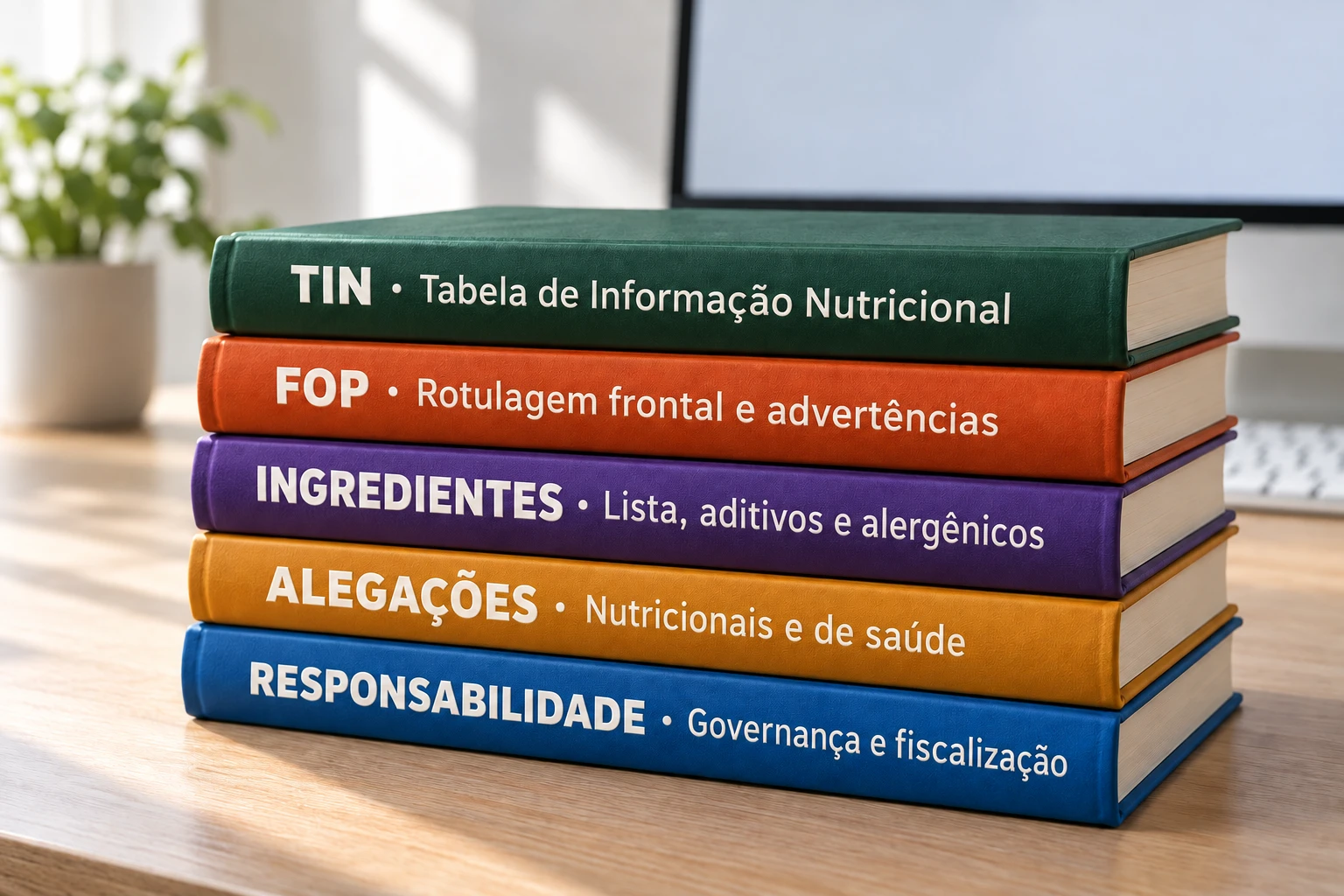 Pilha de cinco volumes encadernados, cada um de uma cor, com as lombadas nomeadas: TIN, FOP, Ingredientes, Alegações e Responsabilidade.